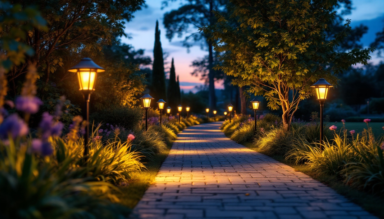 A photograph of a beautifully illuminated walkway at dusk