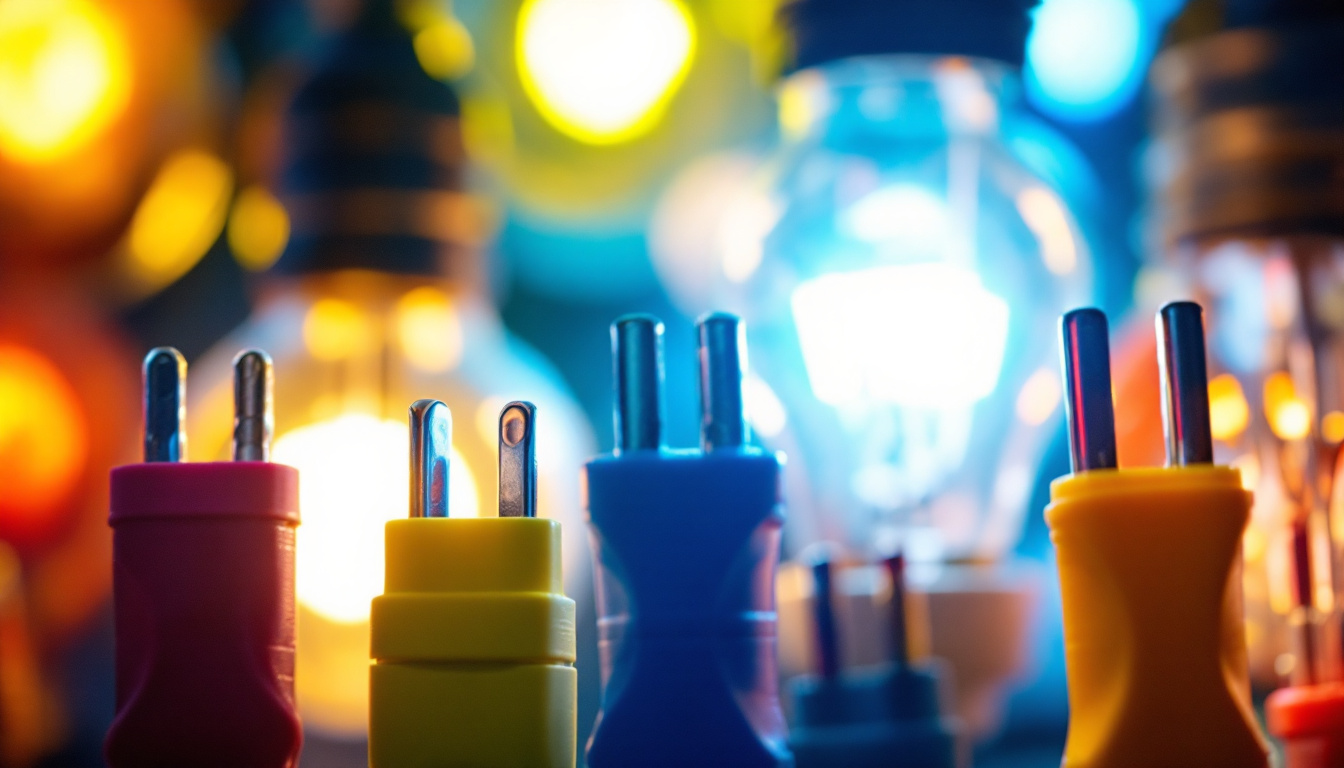 A photograph of a close-up shot of various electrical clips in vibrant colors and designs