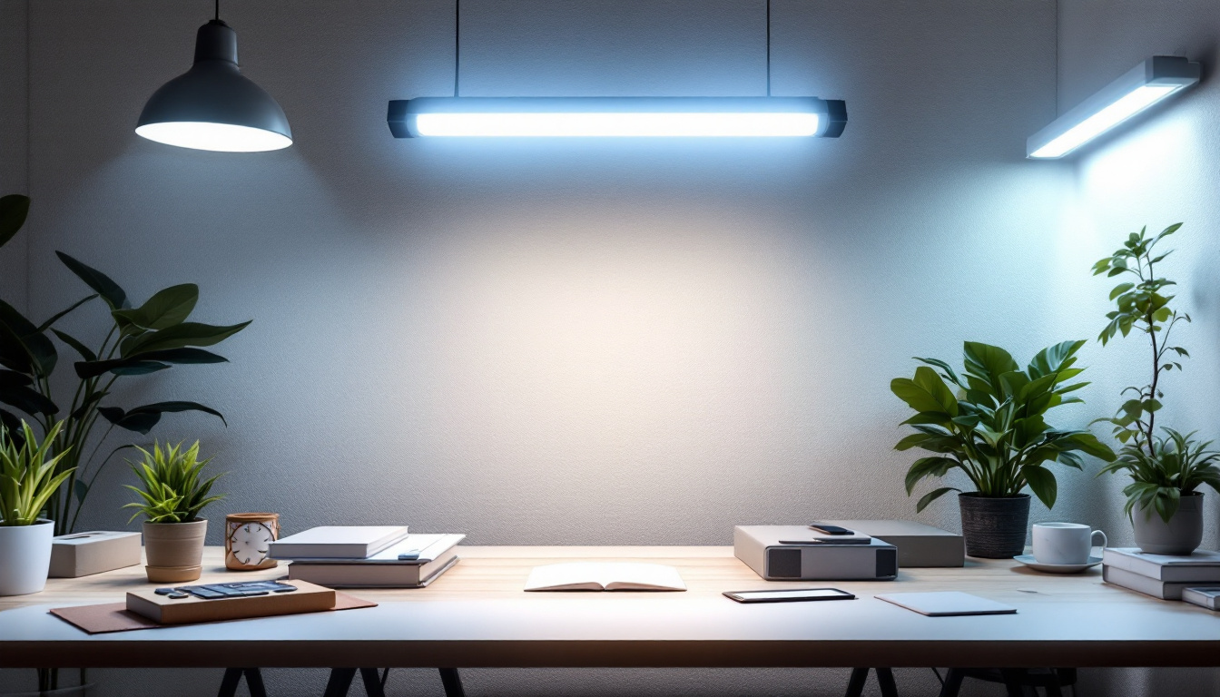 A photograph of a well-lit workspace featuring a variety of 4-foot fluorescent light fixtures in different styles and settings