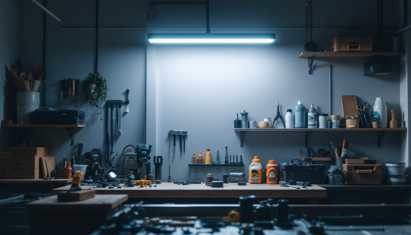 A photograph of a well-lit workshop or garage setting featuring a 4' led shop light in use