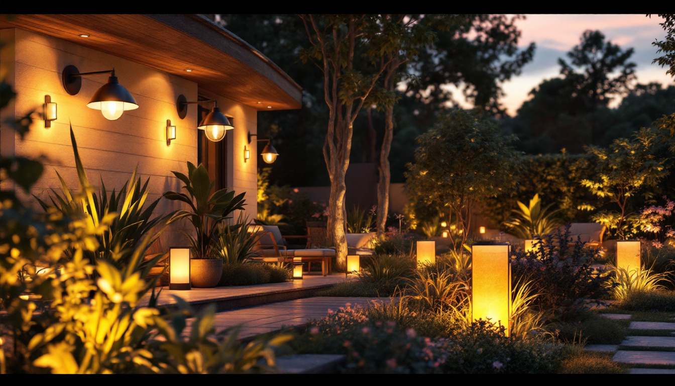 A photograph of a beautifully landscaped outdoor space featuring a variety of stylish light fixtures