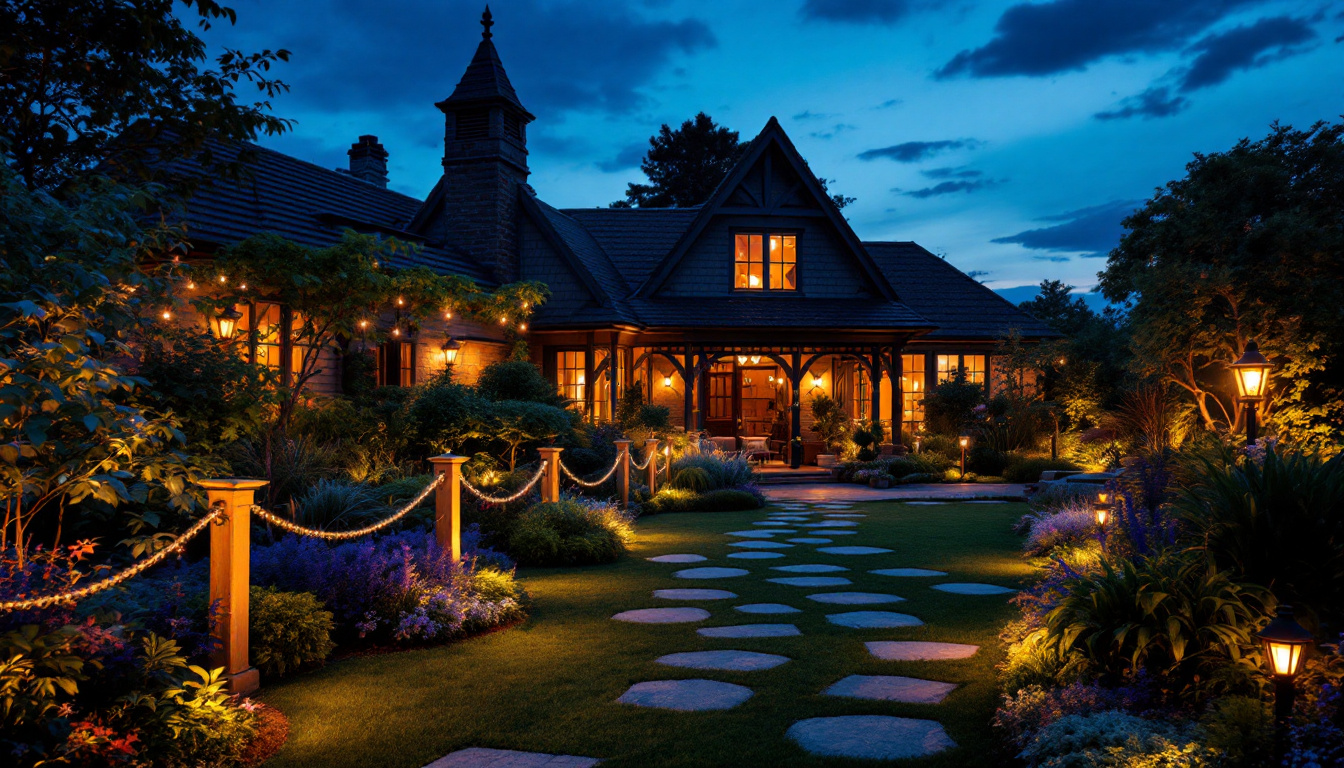 A photograph of a beautifully illuminated garden at dusk