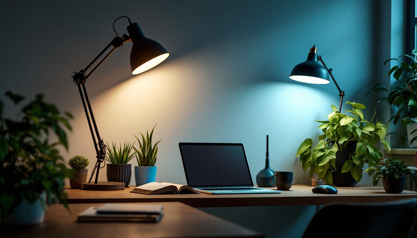 A photograph of a well-lit workspace showcasing a variety of stylish lamps in different designs and settings