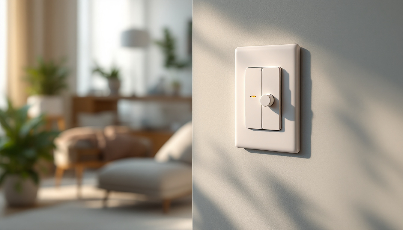 A photograph of a modern light switch outlet combo installed in a stylish living space
