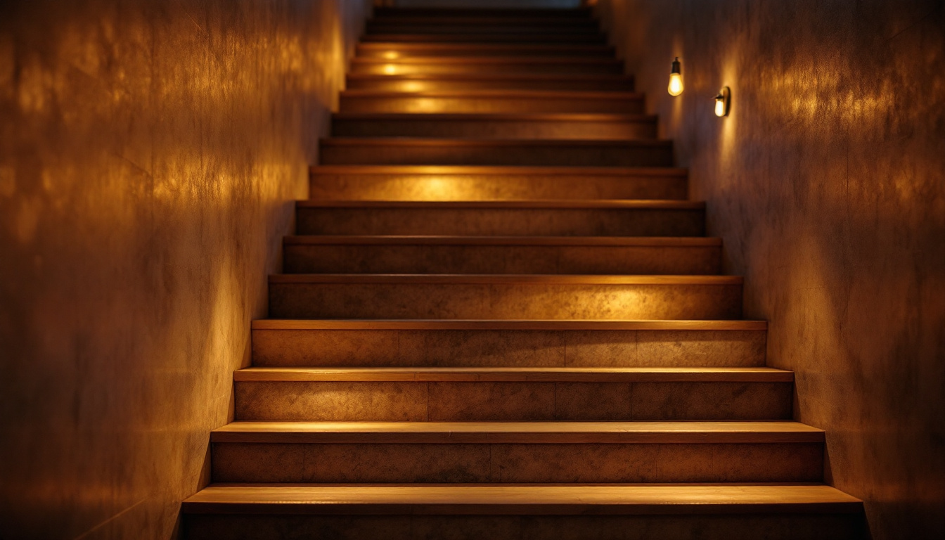 A photograph of a staircase illuminated by stylish step light bulbs