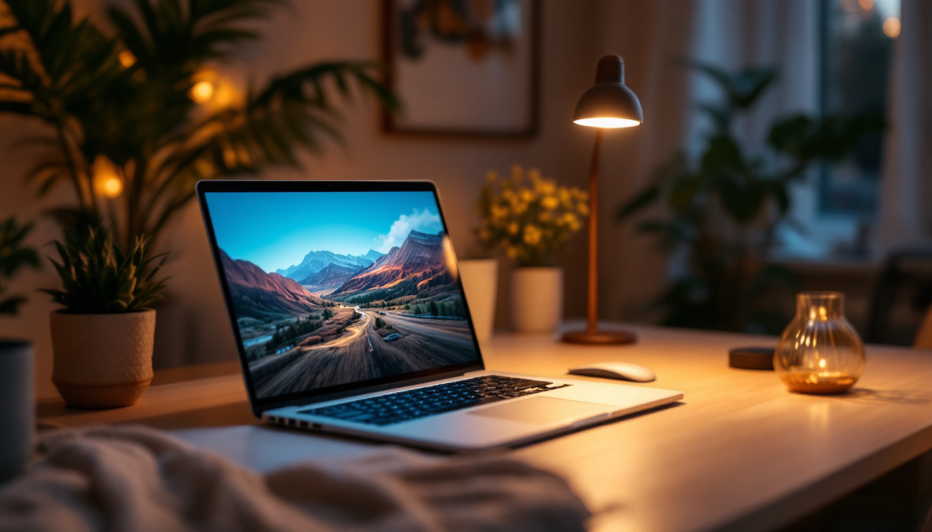A photograph of a cozy and well-lit workspace featuring a sleek laptop illuminated by a stylish computer laptop light