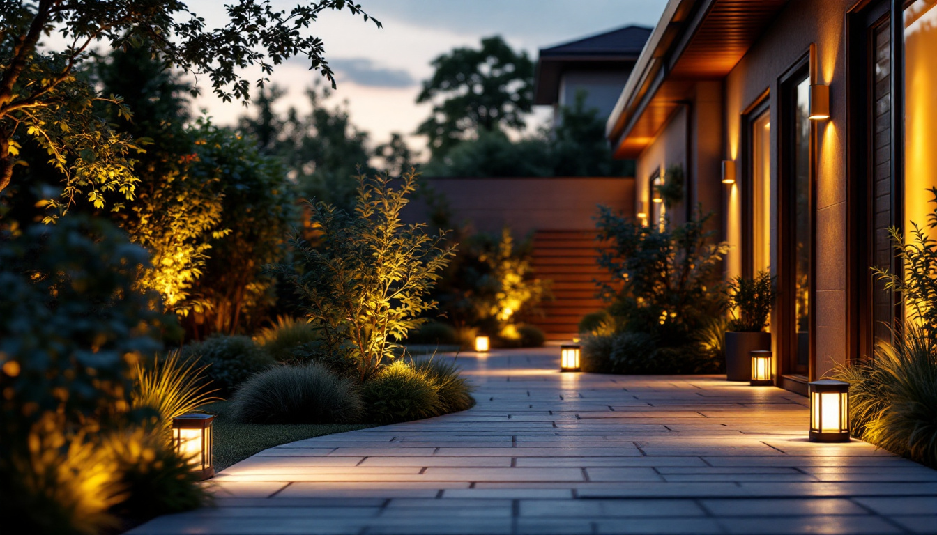 A photograph of a well-lit outdoor space showcasing various styles of flood lights in use