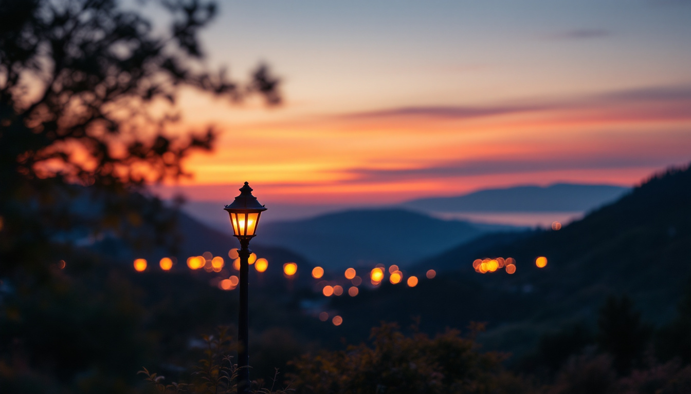 A photograph of a beautifully illuminated outdoor light post in a scenic setting during twilight