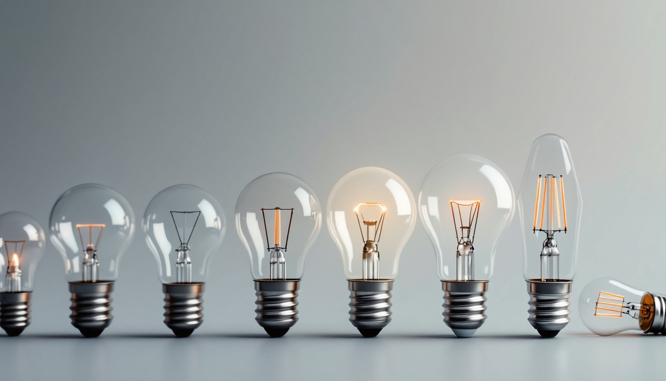 A photograph of a variety of light bulb bases displayed alongside their corresponding bulbs