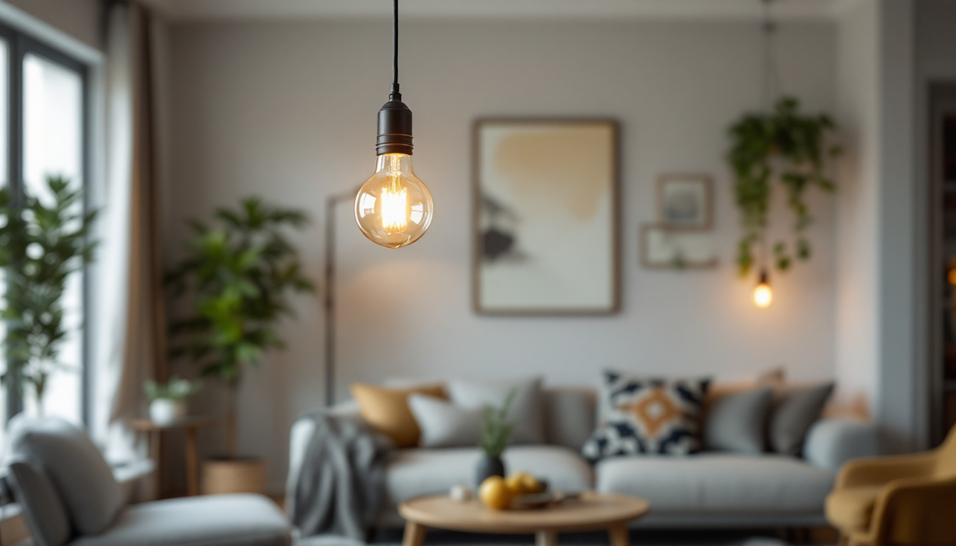 A photograph of a stylishly arranged living space featuring a 60-watt type b bulb in an elegant fixture