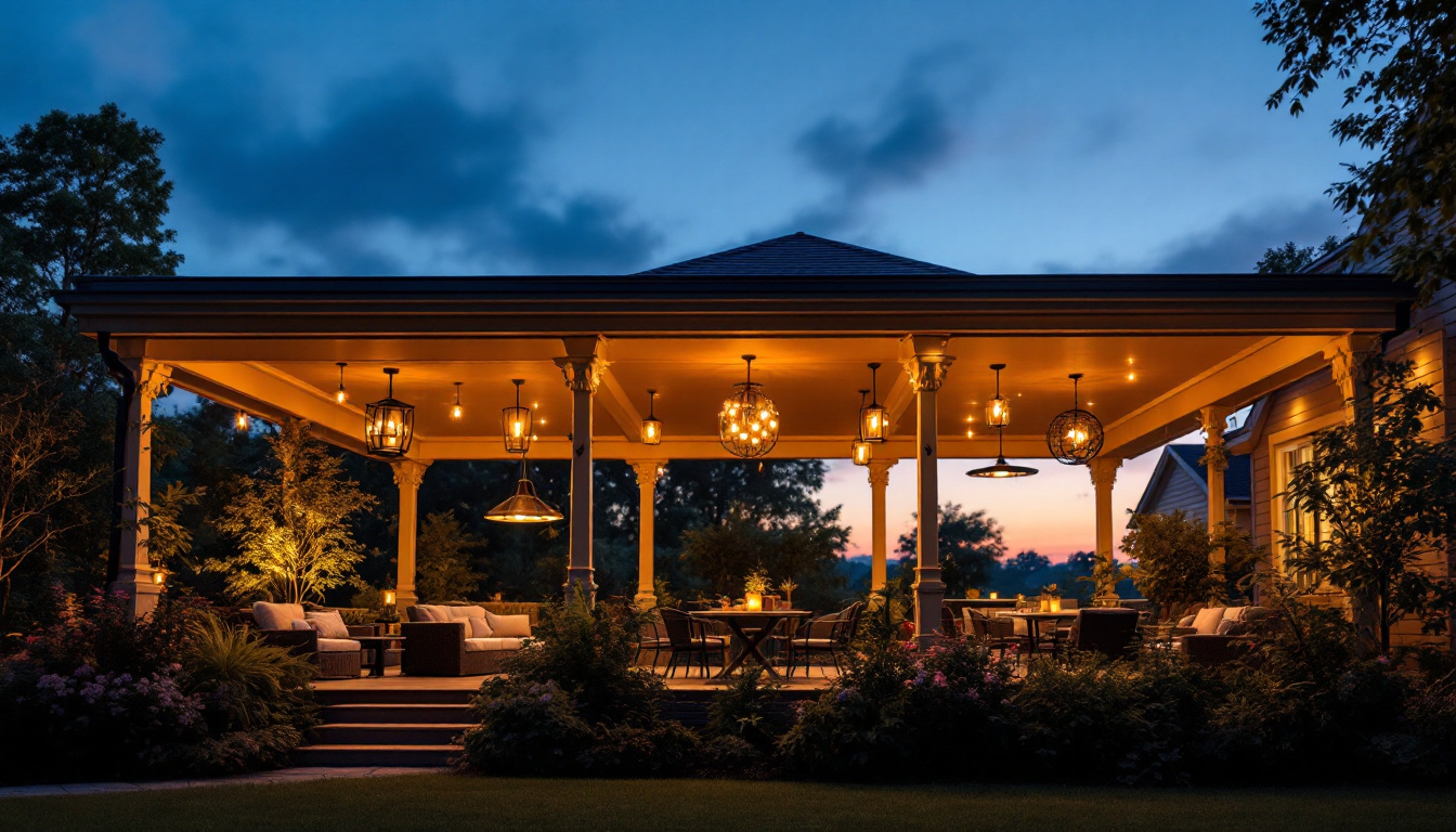 A photograph of a beautifully lit outdoor porch featuring a variety of stylish ceiling lights in use during twilight