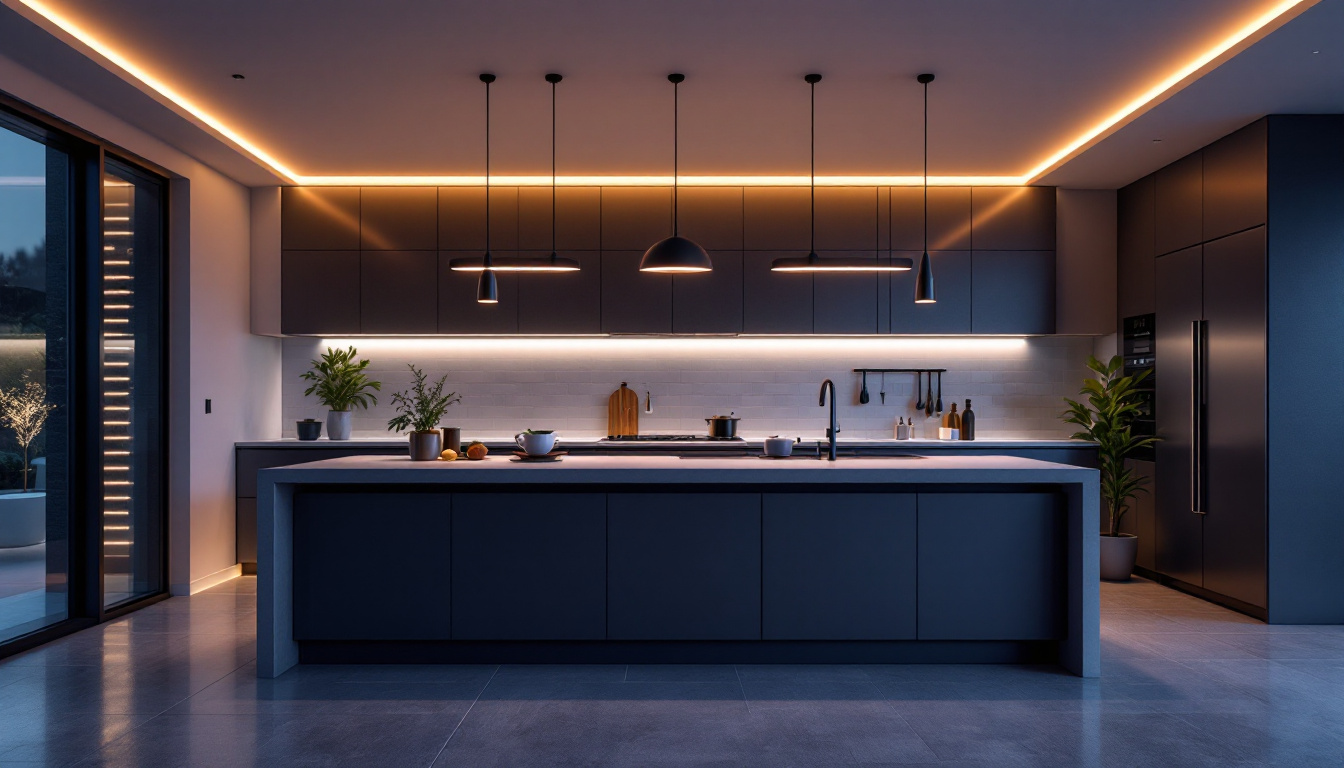 A photograph of a modern island kitchen illuminated by stylish