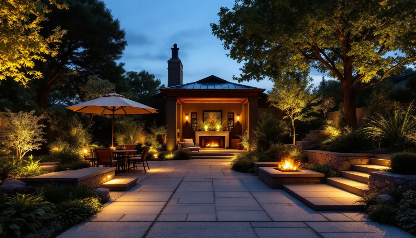 A photograph of a beautifully illuminated outdoor space at dusk