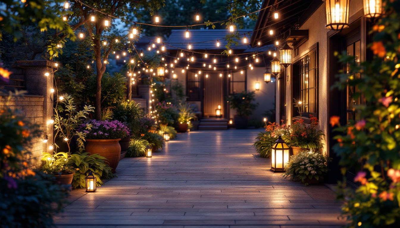 A photograph of a beautifully illuminated outdoor space featuring a variety of decorative lighting elements
