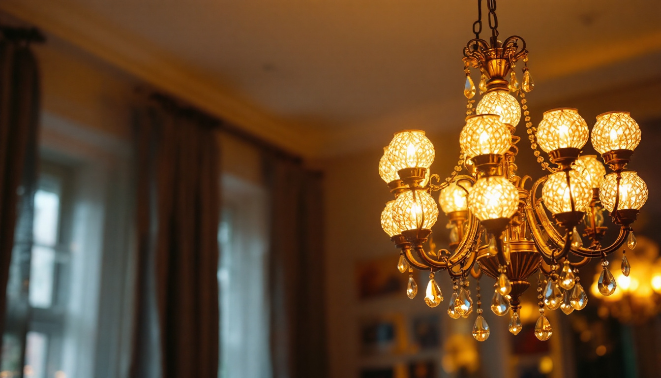 A photograph of a beautifully designed ceiling chandelier lamp in a well-lit room