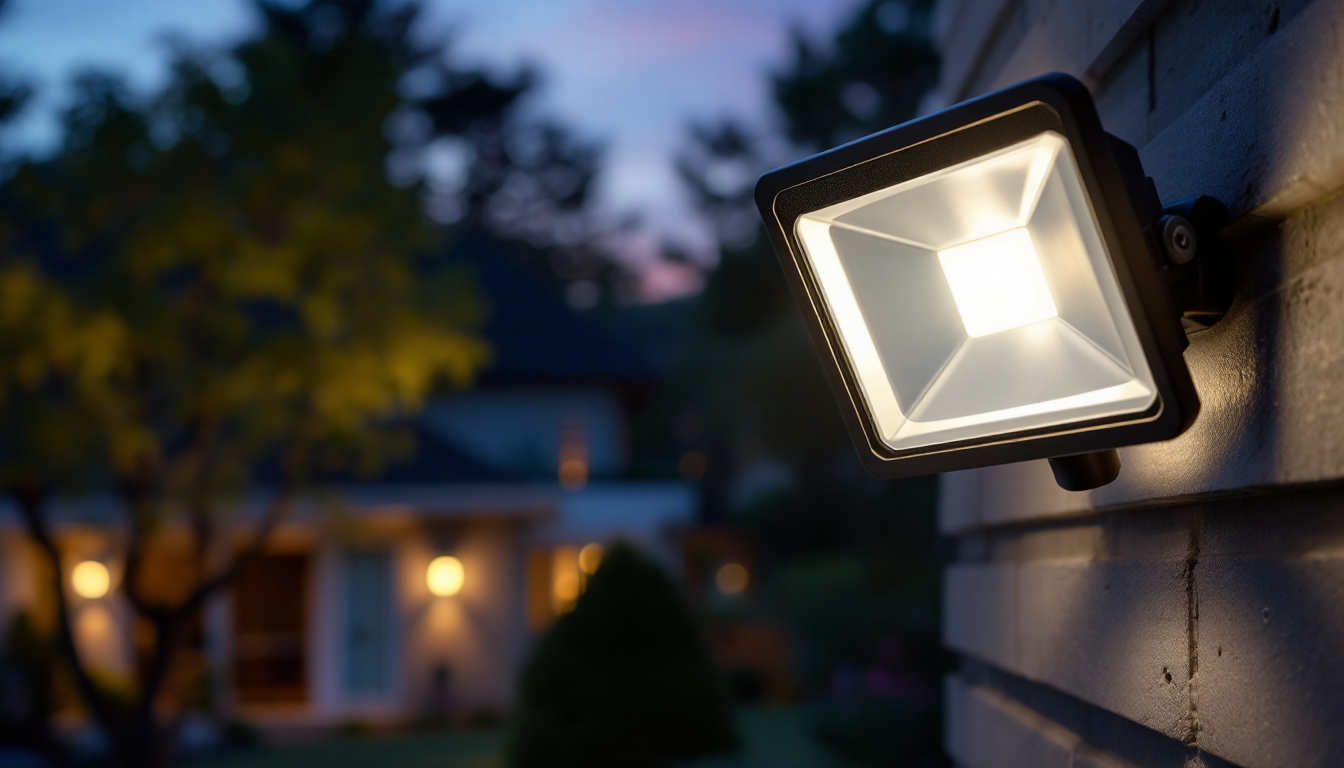 A photograph of a motion sensor floodlight installed in a residential or outdoor setting
