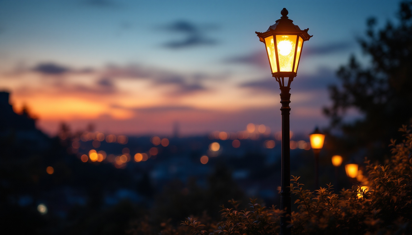 A photograph of a beautifully illuminated lamp post at dusk
