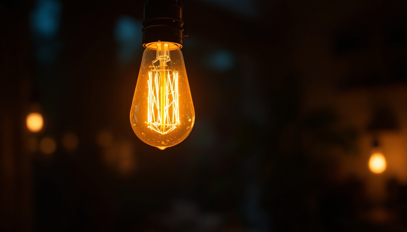 A photograph of a glowing 120v light bulb in a cozy indoor setting