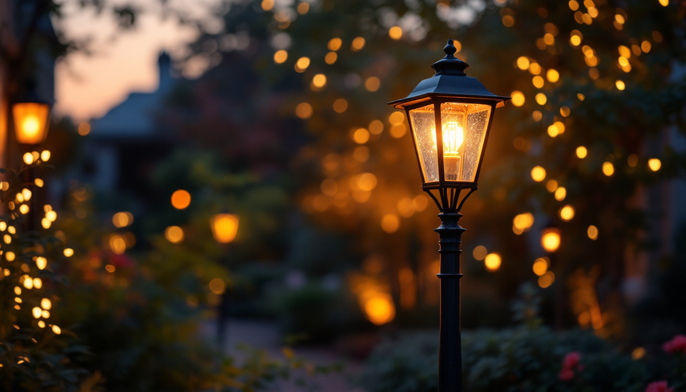 A photograph of a beautifully illuminated outdoor space featuring a stylish lamp post as the focal point