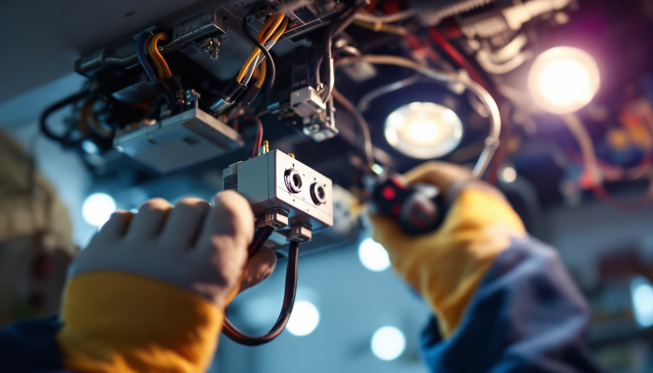 A photograph of a close-up of a technician replacing an electrical ballast in a lighting fixture