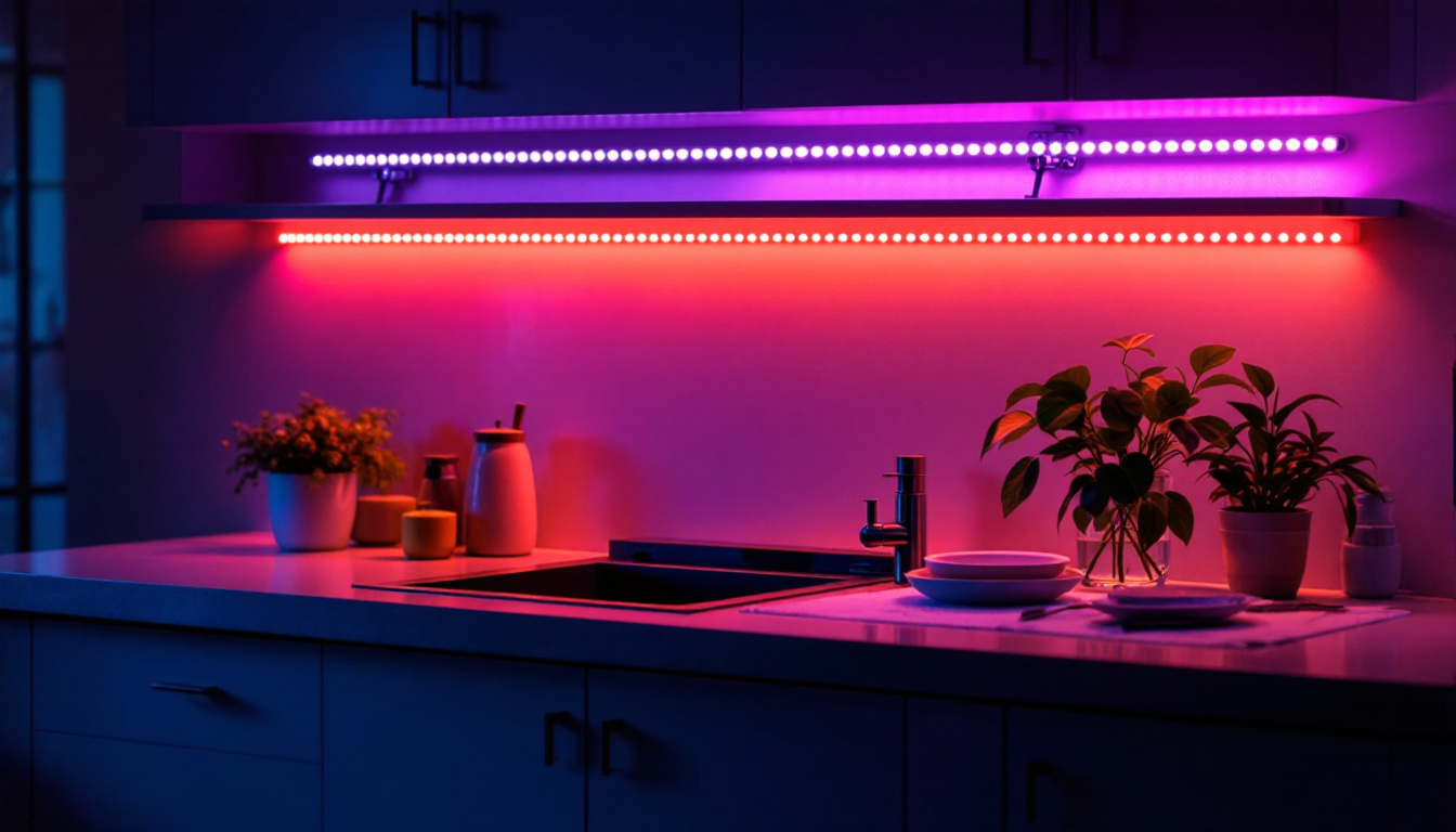 A photograph of a beautifully illuminated kitchen under cabinet scene featuring vibrant led strip lights