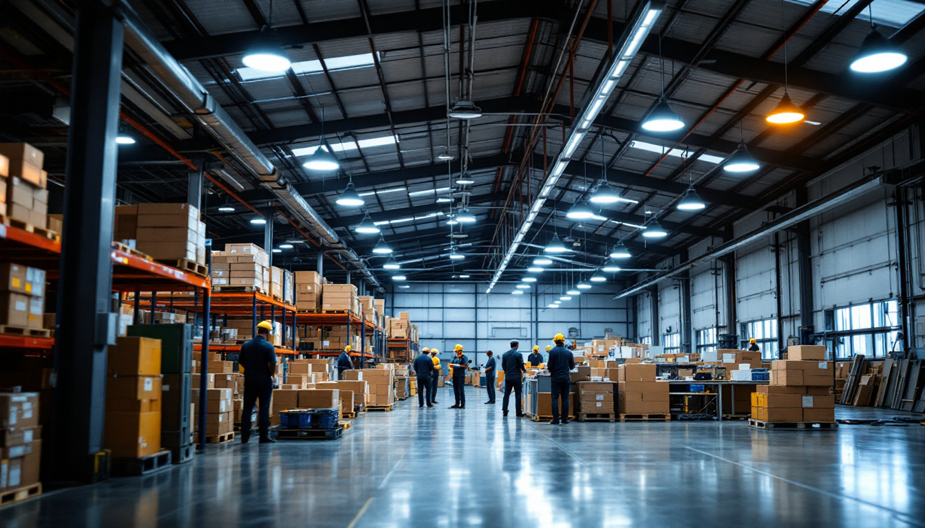 A photograph of capture a photograph of a well-lit warehouse interior showcasing a mix of high-quality