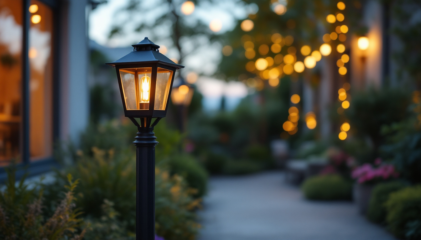 A photograph of capture a photograph of a beautifully designed post lantern in an outdoor setting