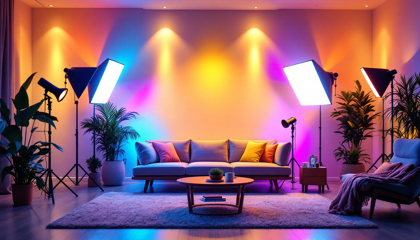 A photograph of a beautifully arranged lighting setup featuring a variety of led lights in action
