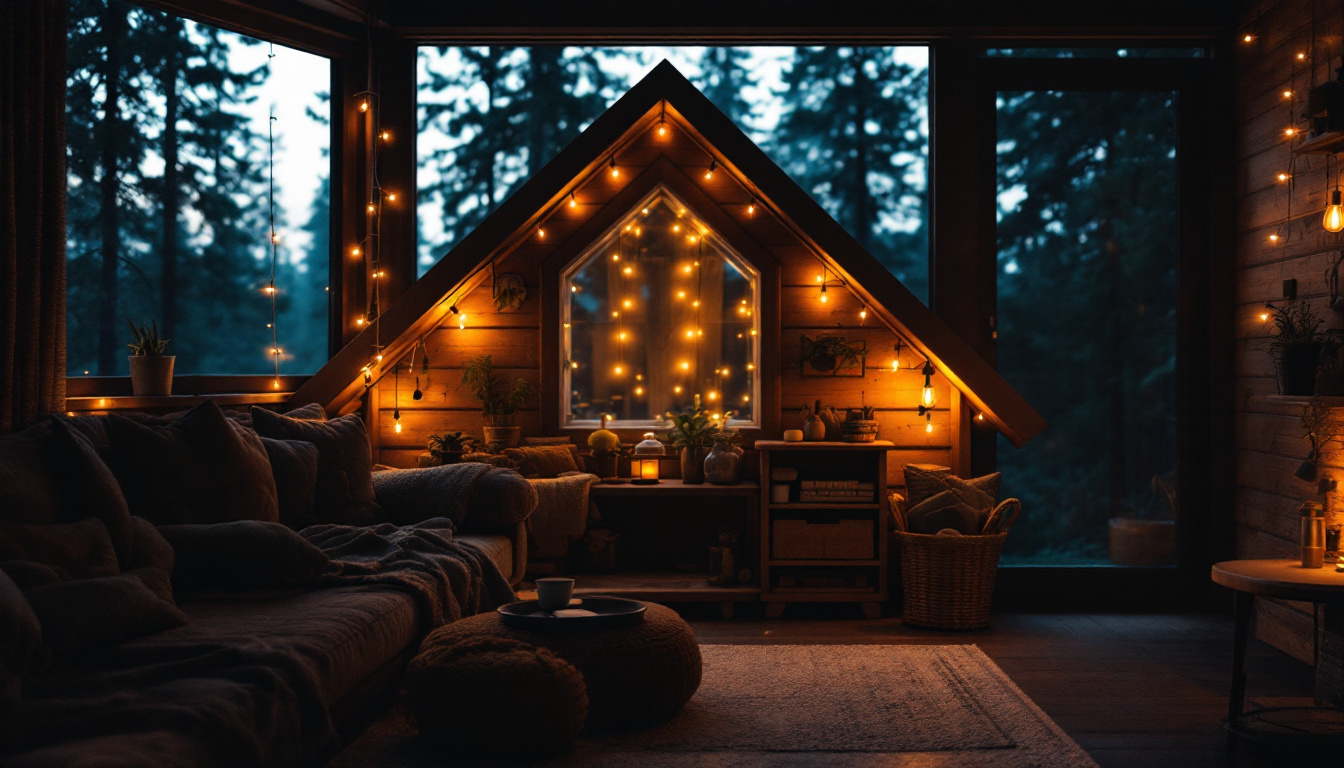 A photograph of a cozy cabin interior illuminated by warm