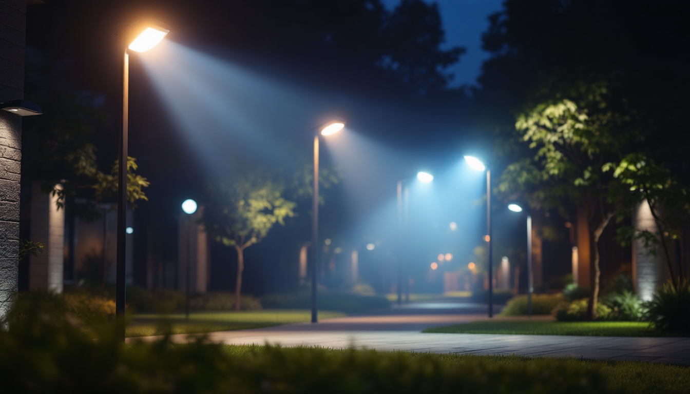 A photograph of a well-lit outdoor space showcasing various styles of flood lights in use