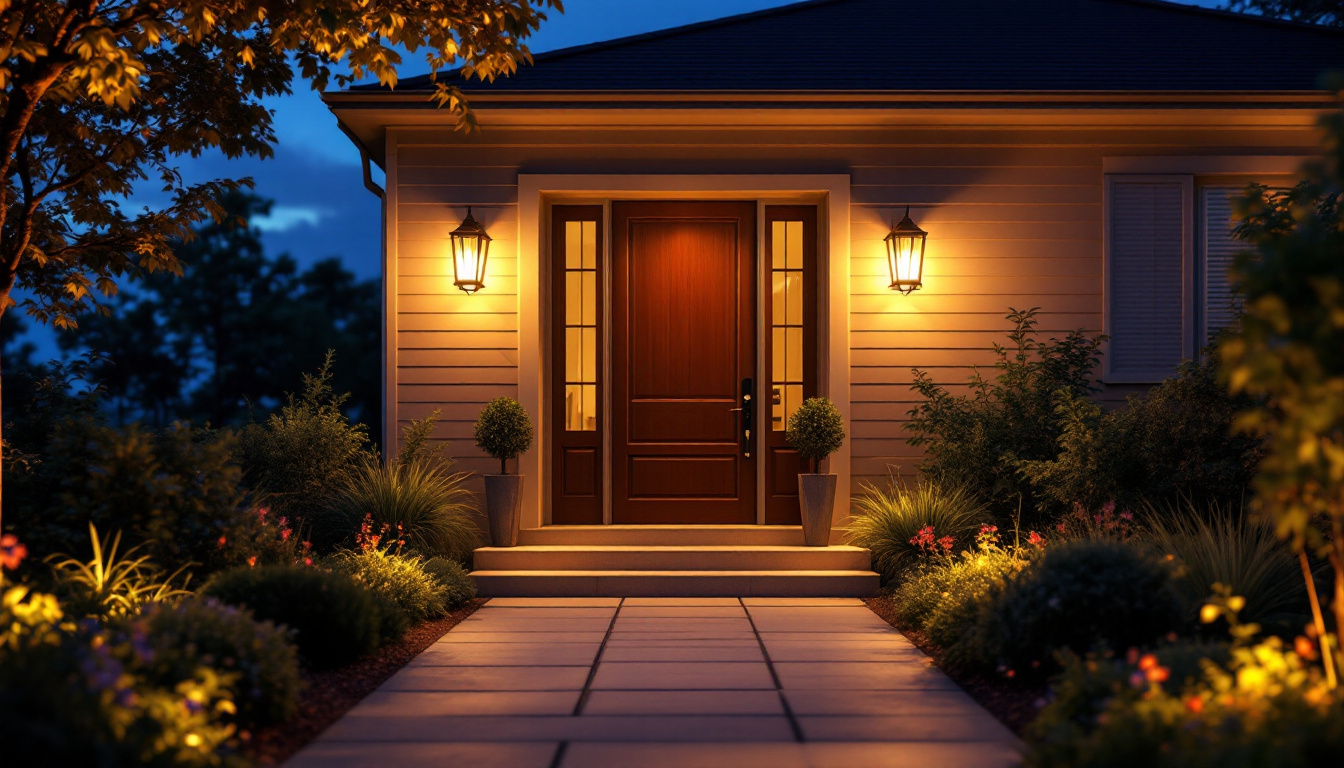 A photograph of a beautifully lit front door scene at twilight