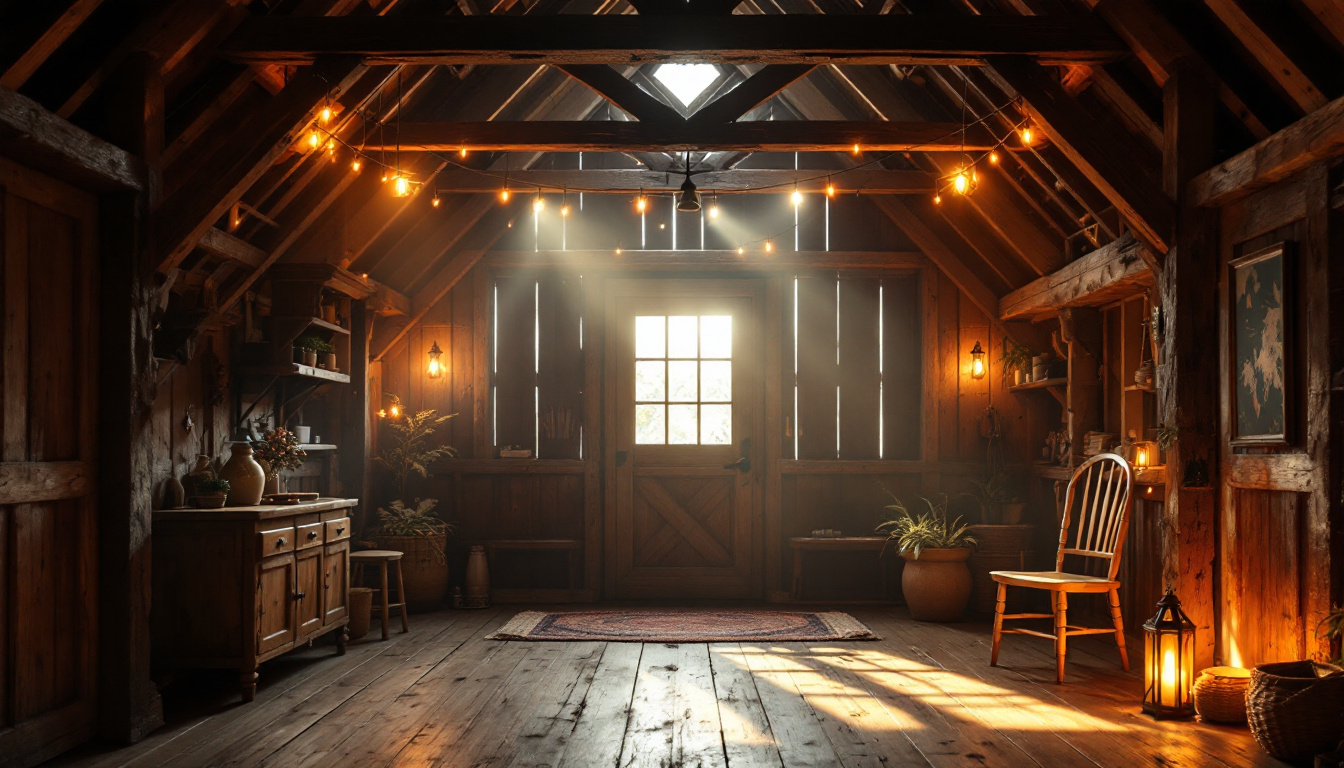 A photograph of a cozy barn interior featuring warm