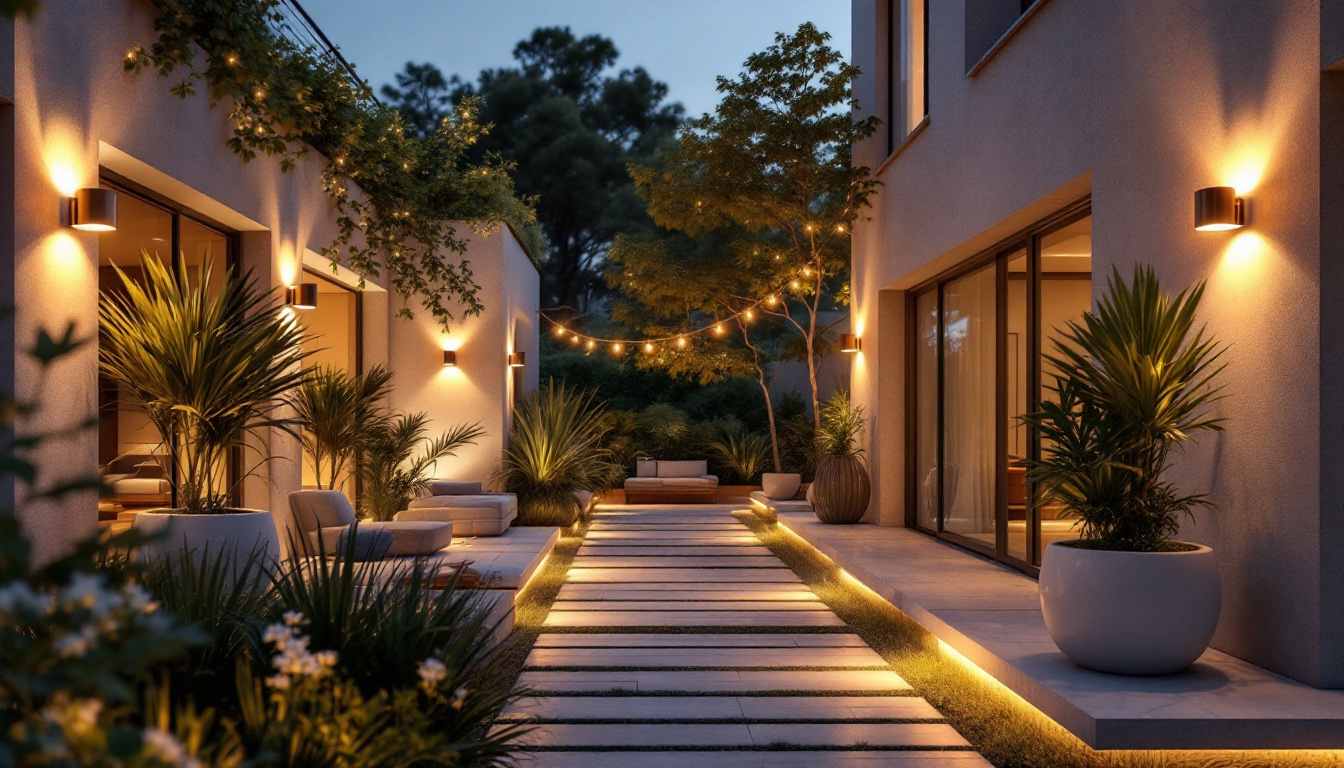 A photograph of a beautifully designed outdoor space featuring various led lighting fixtures in use