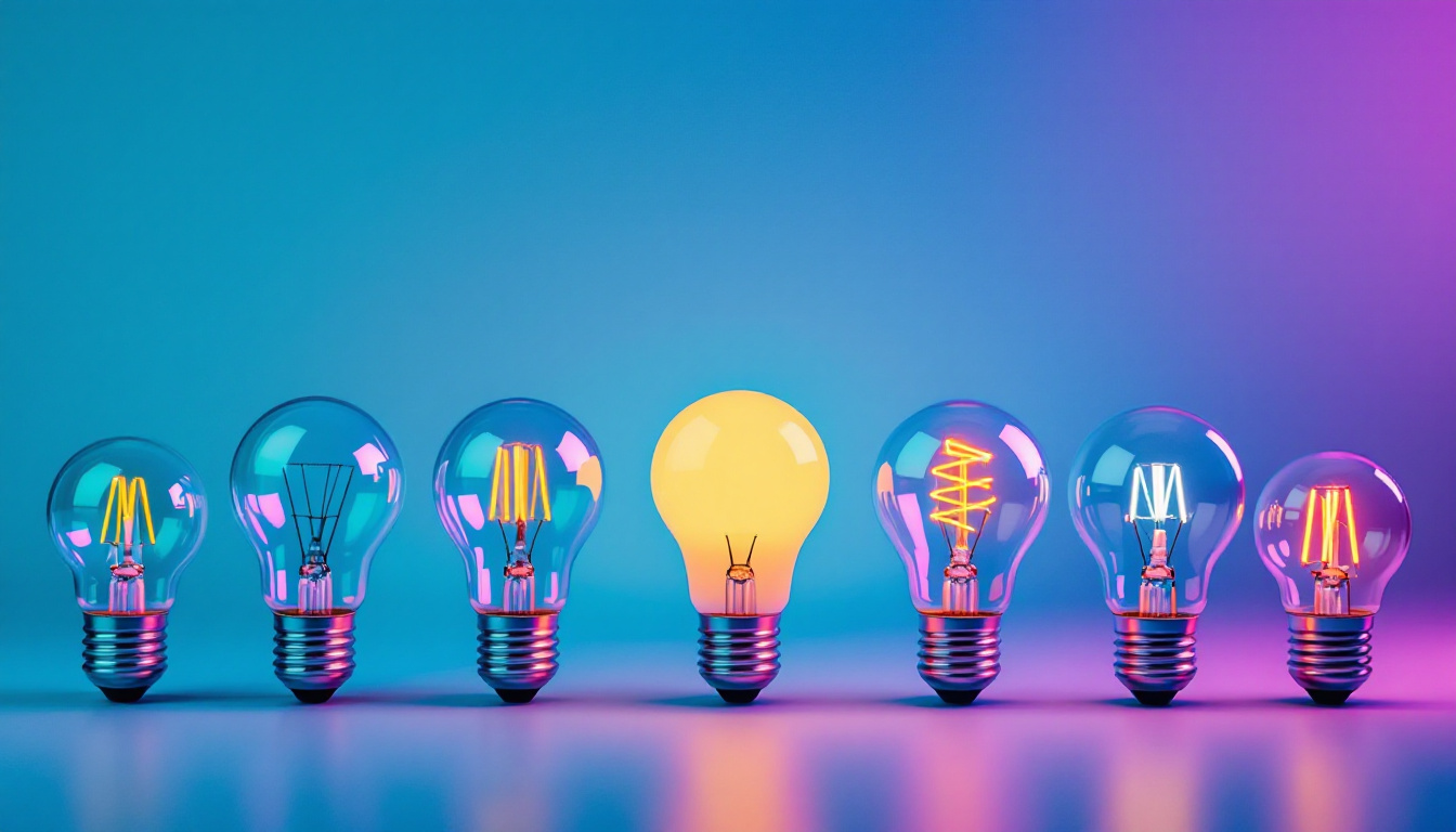 A photograph of a variety of light bulbs with different base types arranged aesthetically on a vibrant background