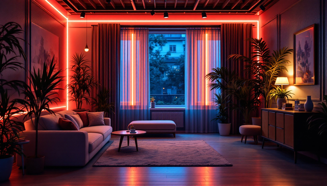 A photograph of a stylishly lit room featuring various applications of tape lighting