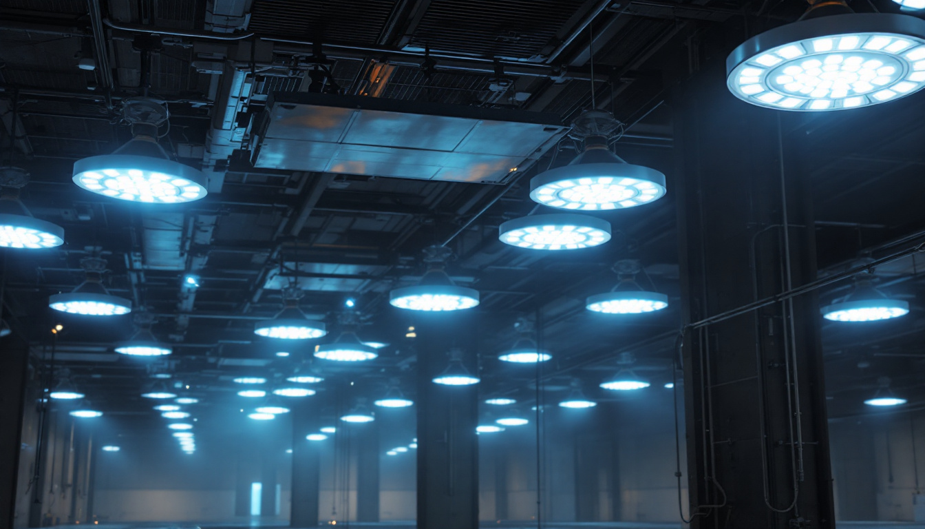 A photograph of a well-lit industrial or commercial space showcasing led high bay lights in action