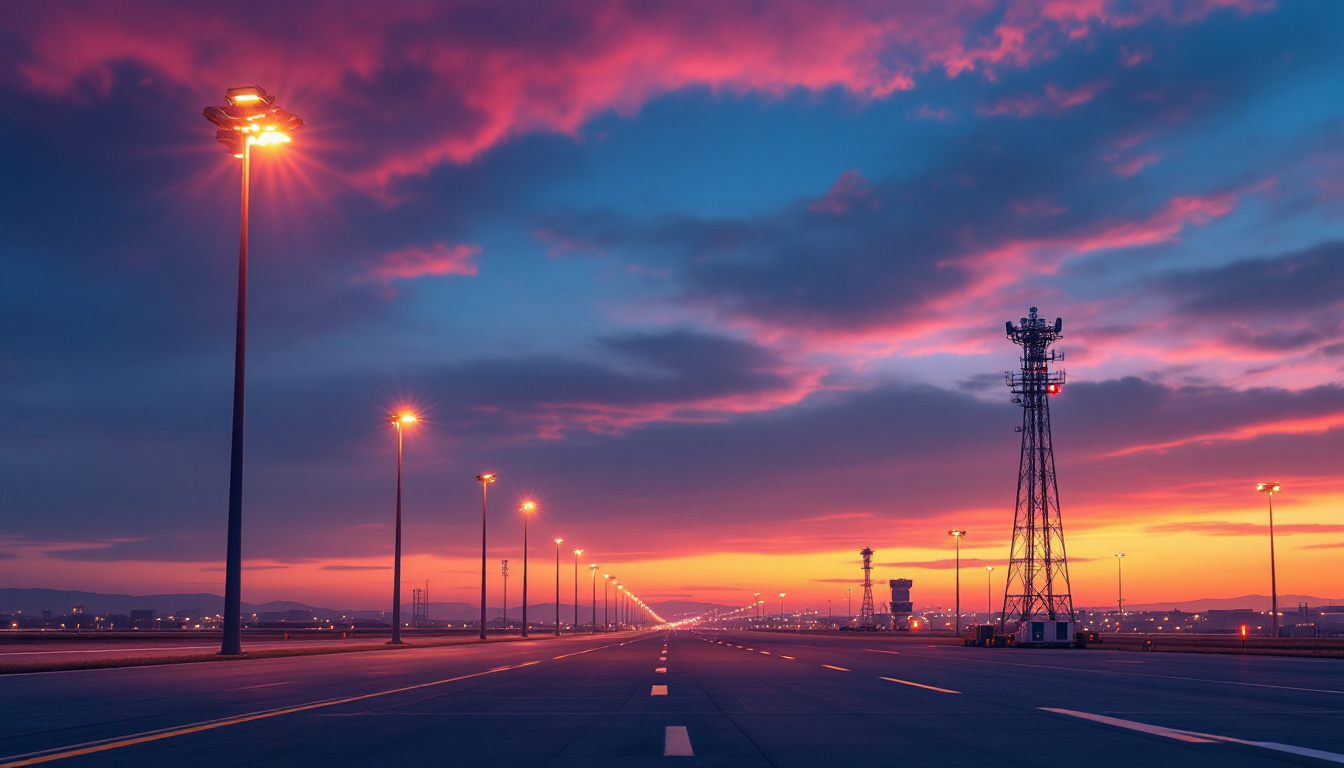 A photograph of a well-lit airport runway at dusk