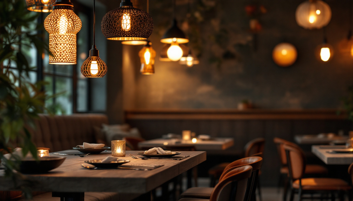 A photograph of a stylishly designed dining area featuring a variety of unique restaurant lamps that enhance the ambiance