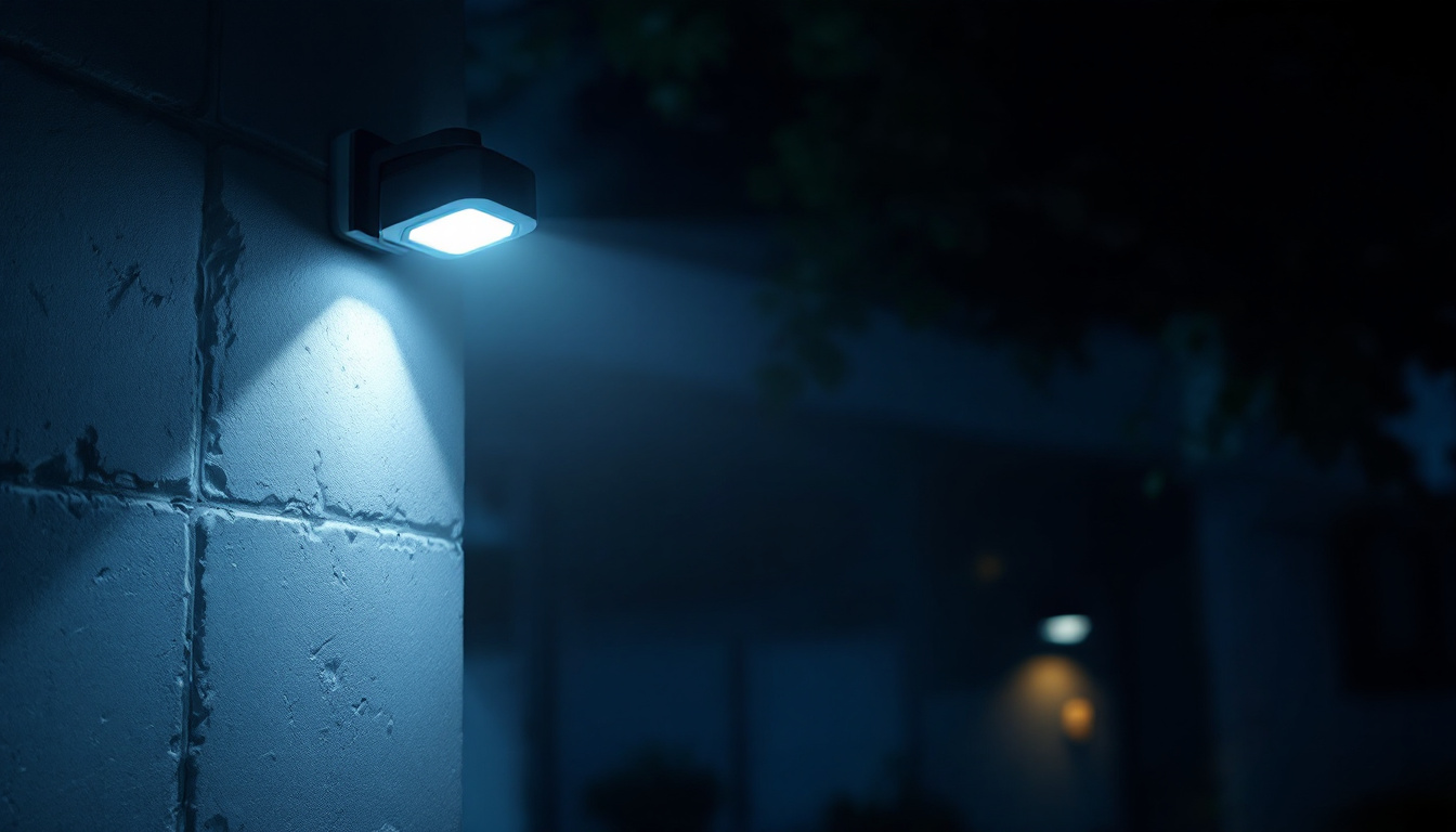 A photograph of a motion-activated floodlight illuminating a dark outdoor space