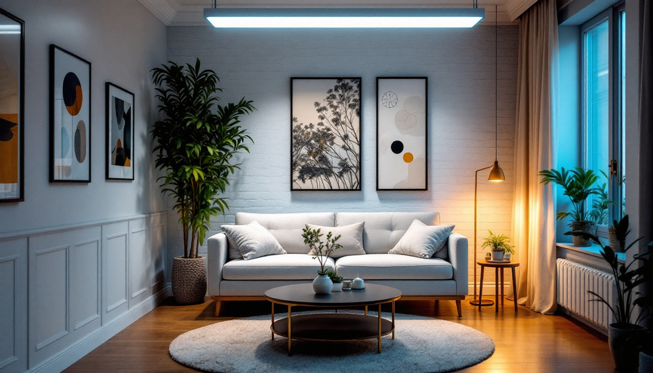 A photograph of a beautifully illuminated room featuring a fluorescent light diffuser in action