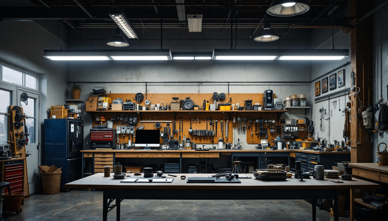 A photograph of a well-lit workshop or garage showcasing 8-foot led shop lights illuminating the workspace