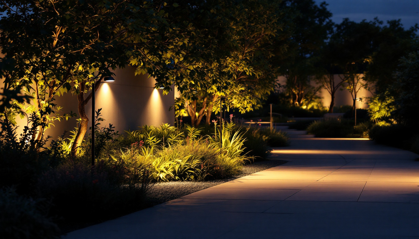 A photograph of a beautifully illuminated outdoor space featuring strategically placed flood lights