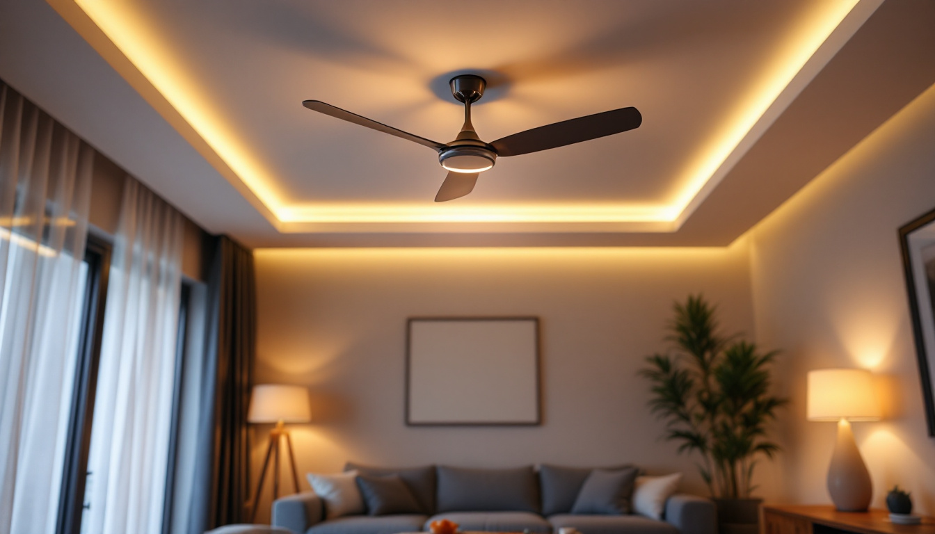 A photograph of a modern ceiling fan with integrated energy-efficient led lighting in a stylish living room setting