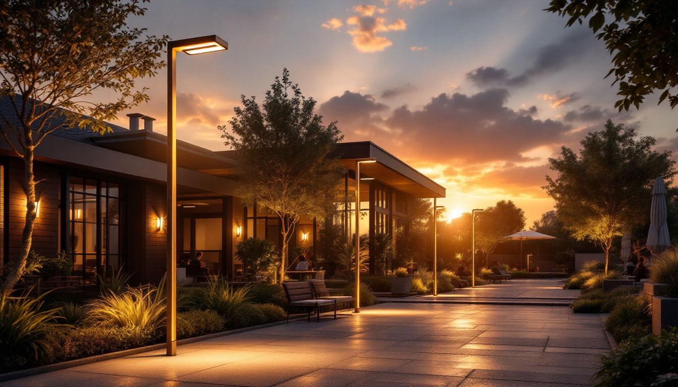 A photograph of a beautifully designed outdoor space illuminated by stylish light poles