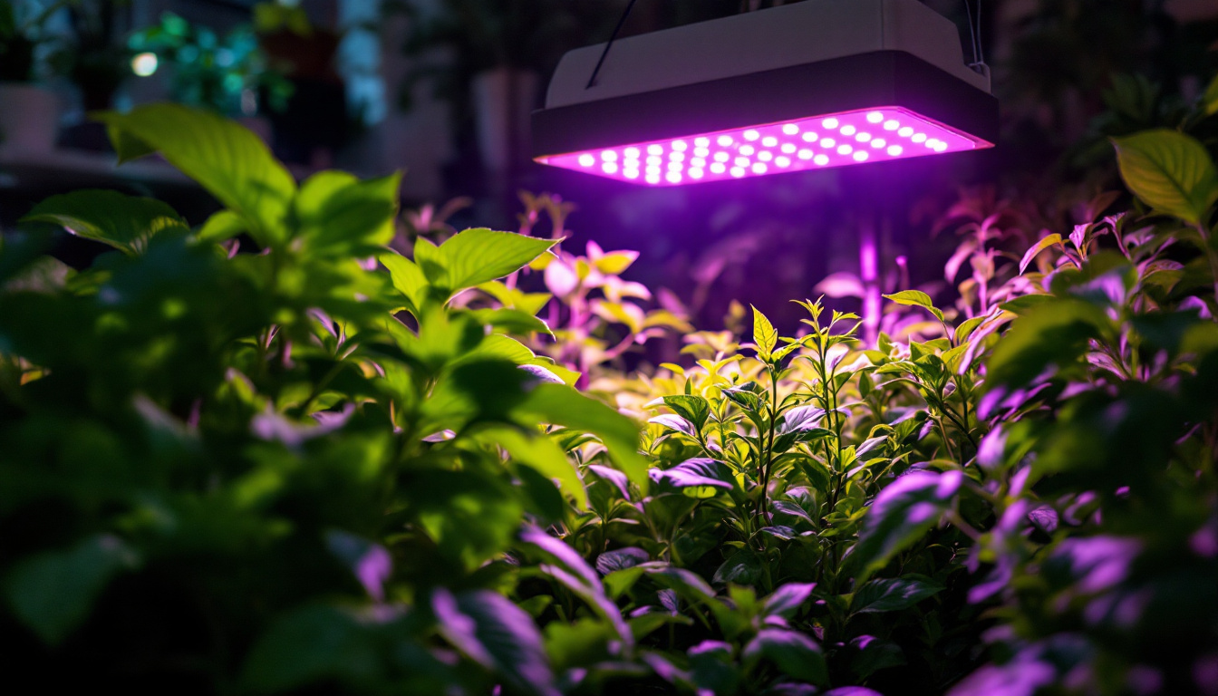 A photograph of a vibrant indoor garden illuminated by a grow led light