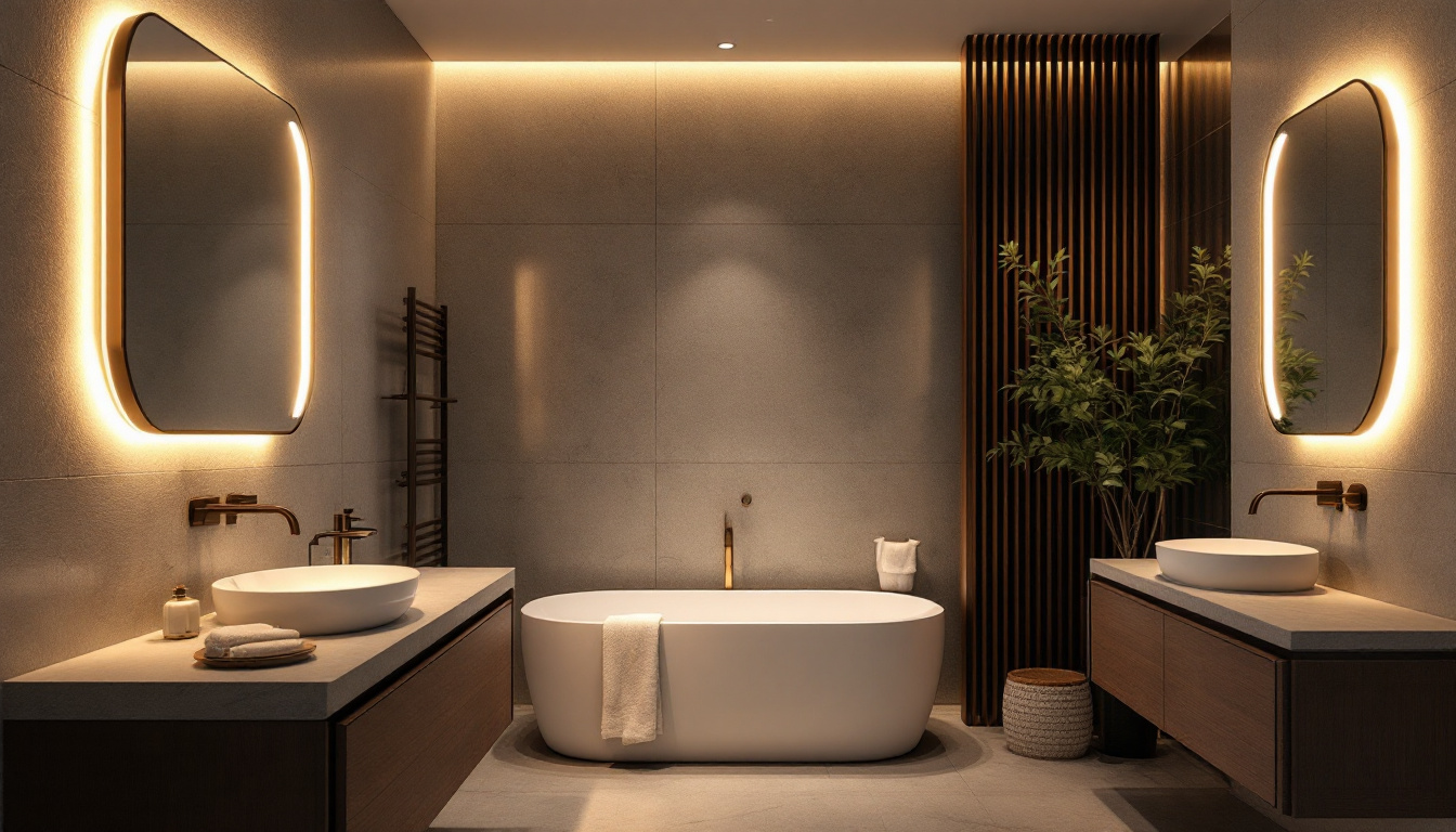 A photograph of a beautifully designed bathroom featuring various styles of recessed lighting