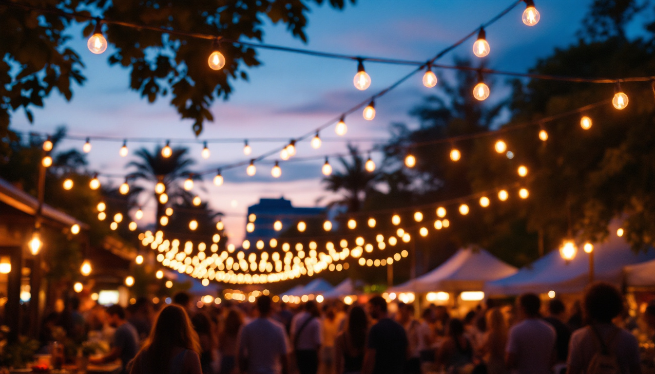 A photograph of a beautifully lit outdoor scene featuring market lights strung above a vibrant gathering