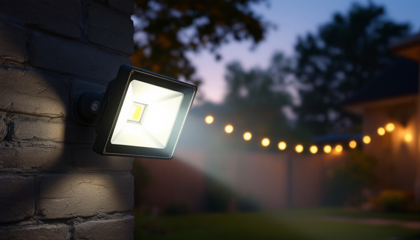 A photograph of a motion sensor flood light in action at dusk
