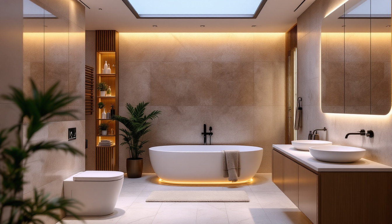 A photograph of a modern bathroom featuring stylish led lighting that highlights the space's design elements