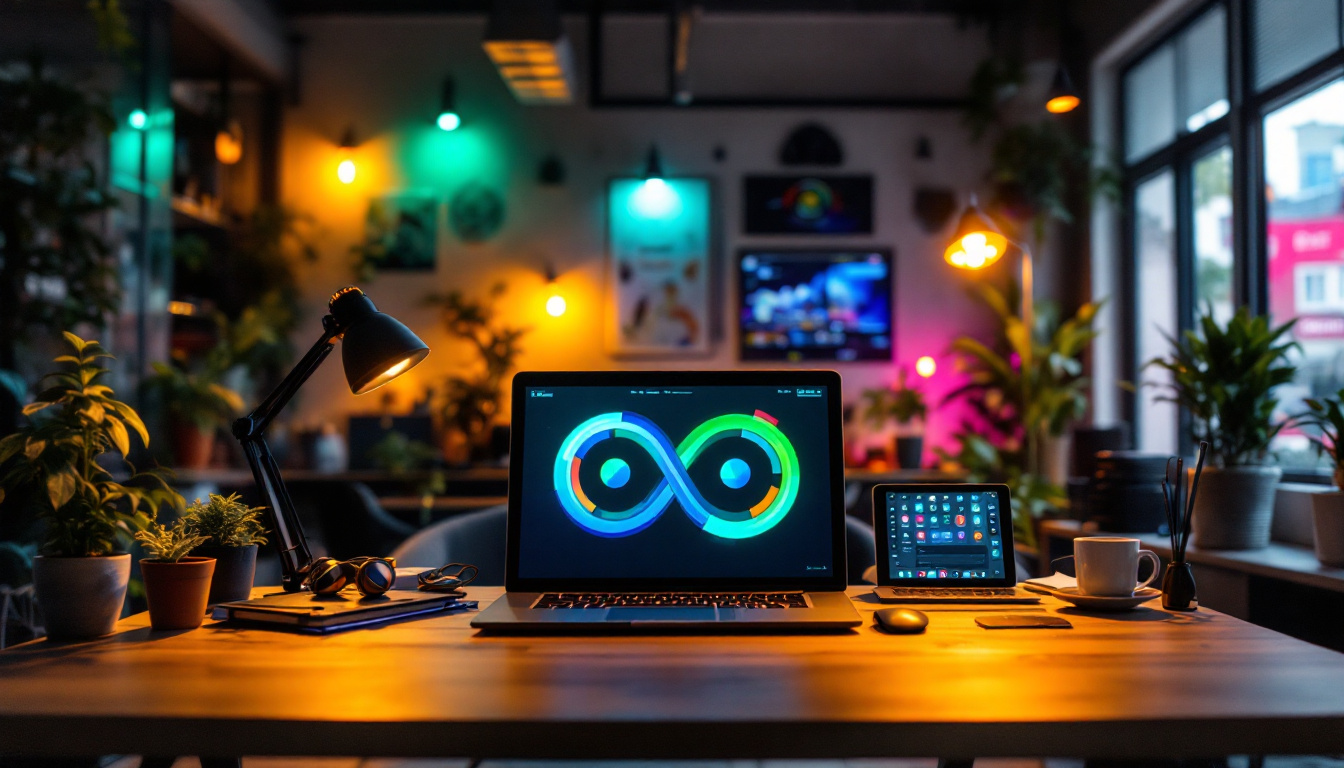 A photograph of a modern workspace illuminated by bright